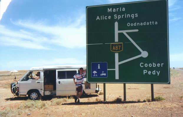 Navigation road sign at Coober Pedy, the desert.